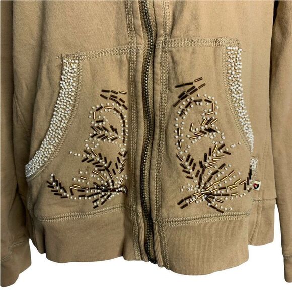 Twisted Heart Beaded Full Zip Sweatshirt M Beige Long Sleeves Pockets Stretch - Picture 3 of 8